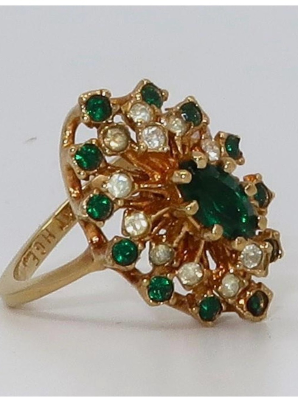 18K Gold HGE Simulated Emerald Diamond Cocktail Statement Ring, Size 6